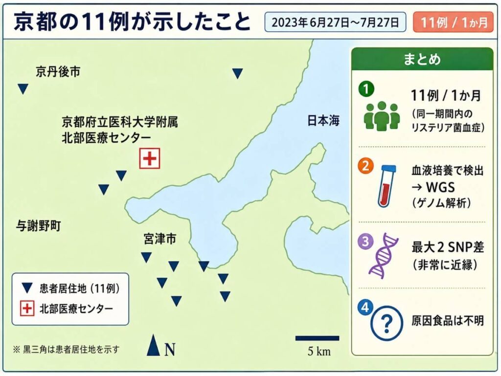 京都府北部で1か月間に発生したリステリア菌血症11例が、WGSで最大2 SNP差の極めて近縁なクラスターと判明した一方、原因食品は特定できなかったことを示す図