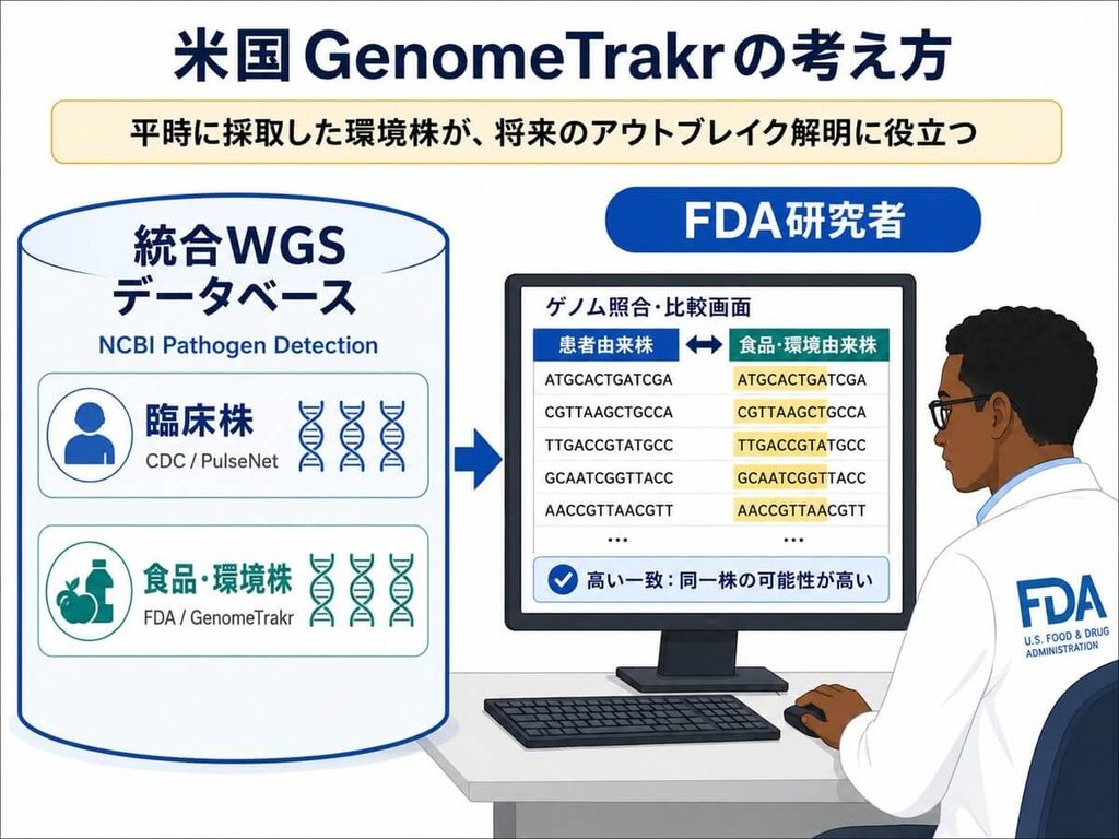 米国GenomeTrakrが、平時に採取した環境由来株をWGSで登録し、後に発生した患者由来株と照合して同一菌株を特定する流れを示した図