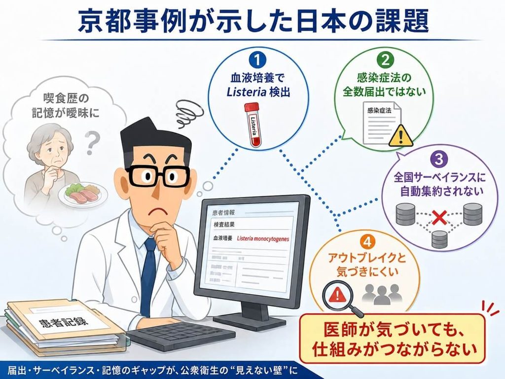 京都府北部のリステリア菌血症事例を例に、血液培養でリステリア菌が検出されても感染症法の全数届出対象ではなく、全国サーベイランスに自動集約されないため、アウトブレイクの把握が遅れ、喫食歴の記憶も曖昧になるという日本の課題を示した図
