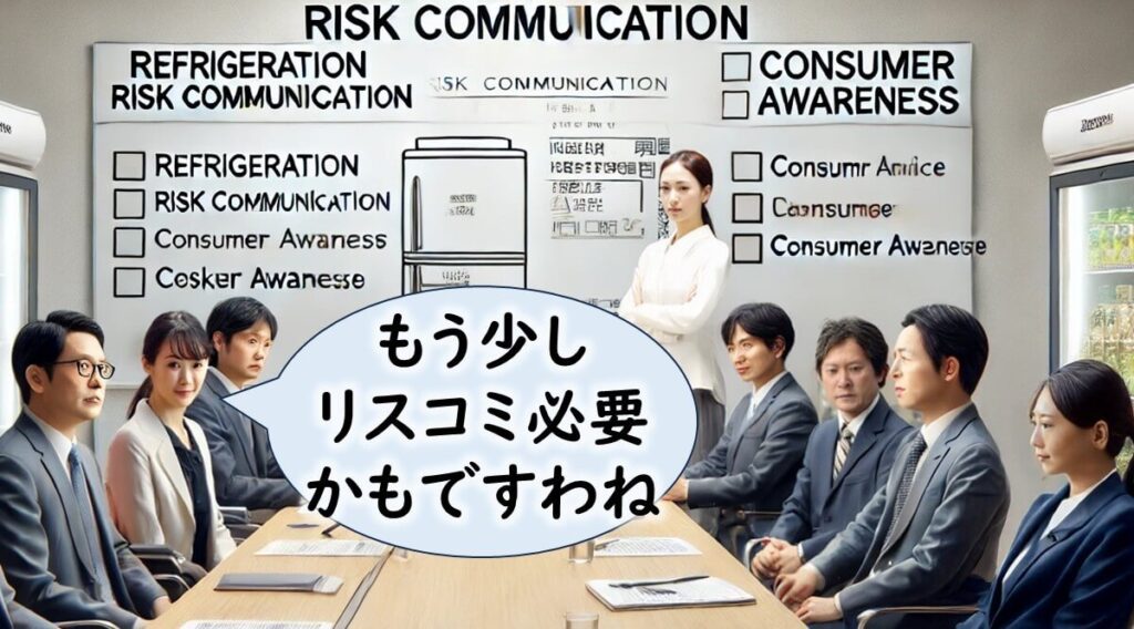 政府機関の関係者がリスクコミュニケーションについて議論する会議の様子。吹き出しで『もう少しリスコミ必要かもですわね』と話している