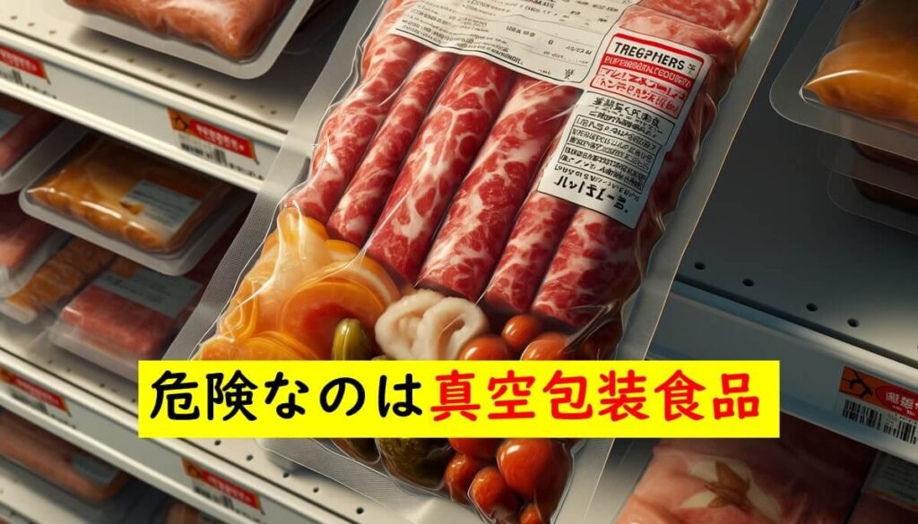 冷蔵ケースに並ぶ真空包装食品。黄色いラベルで『危険なのは真空包装食品』と強調されている。