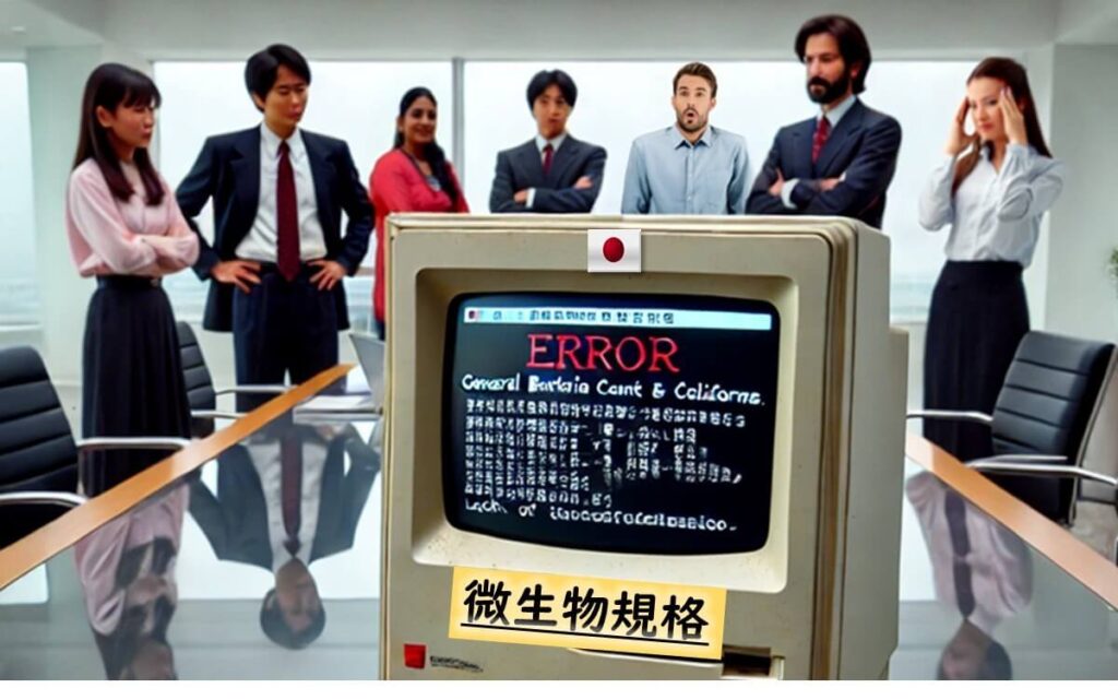 微生物規格”と書かれた日本国旗付きの旧式コンピュータにエラー表示が出ており、国際的なビジネススーツの男女が会議室で困惑する様子。日本の微生物規格が国際的な整合性を欠き、議論の対象となっていることを象徴。