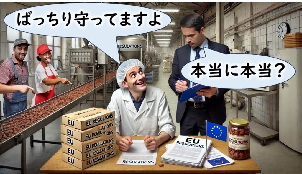 EUの工場で食品安全規則を遵守していると主張する作業員と、監査官が「本当に本当?」と確認している様子。