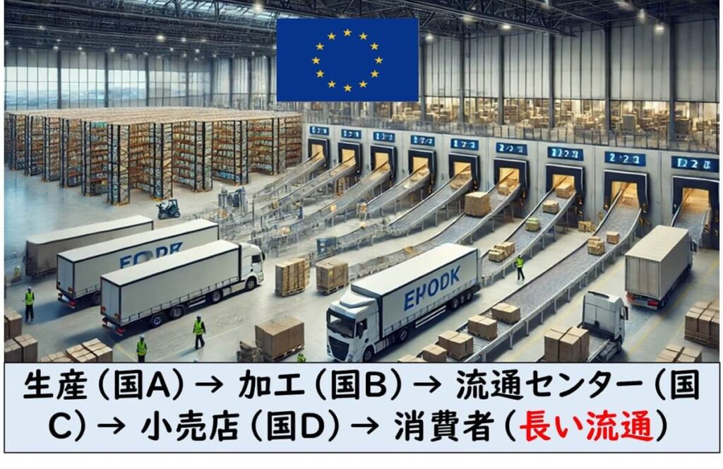 EUの食品流通は「生産→加工→流通センター→小売店→消費者」と長く、広域流通のため管理が厳しいことを示す図。