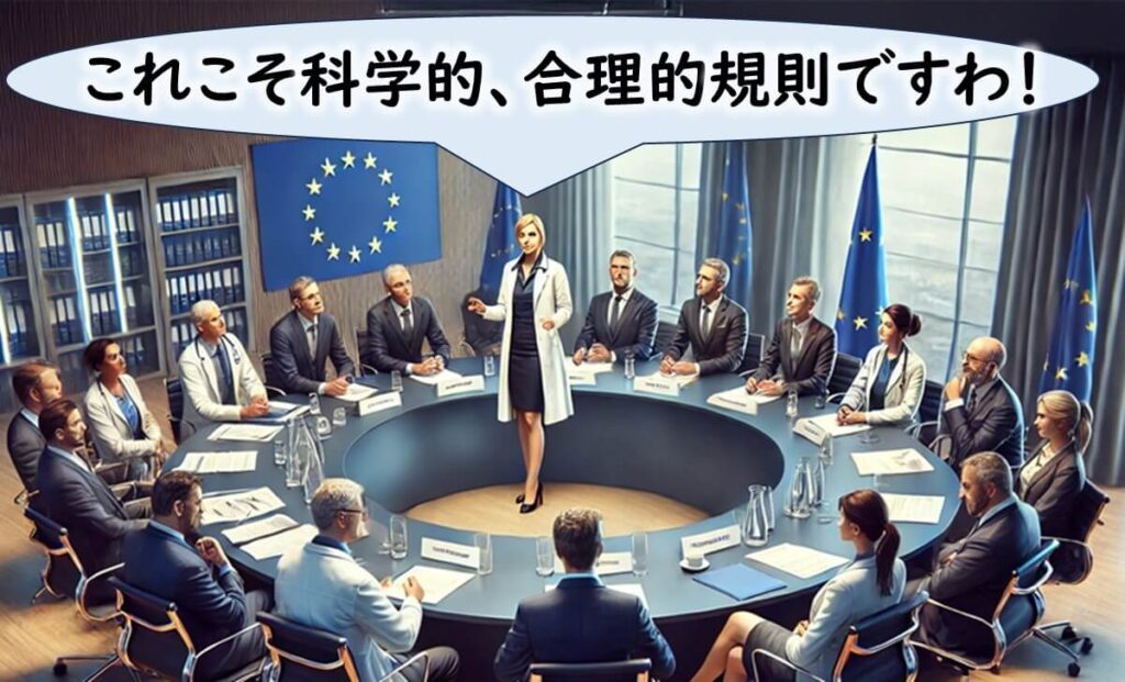 EUの食品安全規則を決定する科学者や官僚が会議で議論している様子。