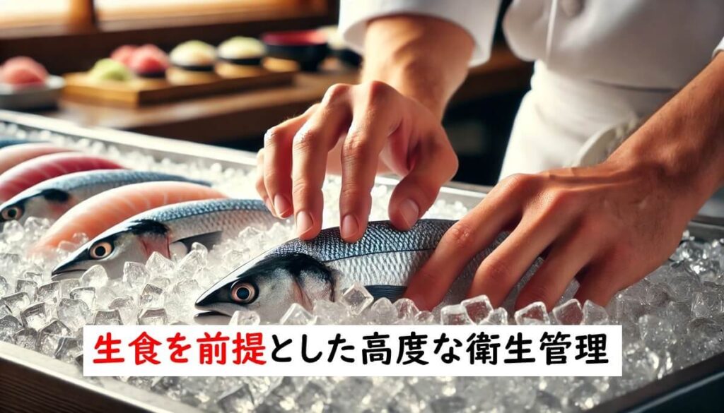 寿司職人が新鮮な魚を丁寧に扱い、徹底した衛生管理のもとで生食用に準備している様子。