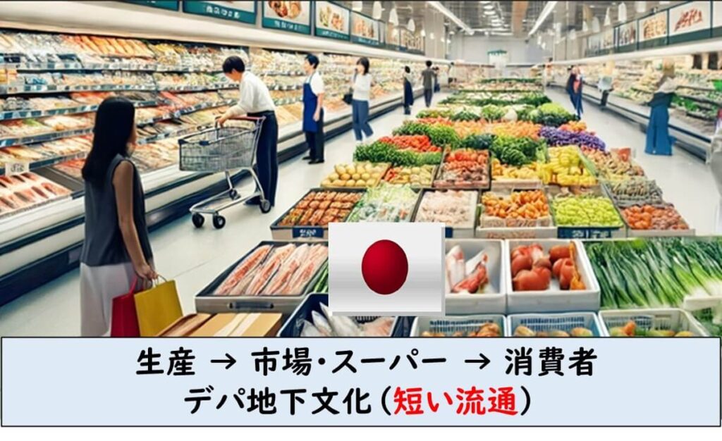 日本の食品流通は「生産→市場・スーパー→消費者」と短く、新鮮な食品が流通しやすいことを示す図。