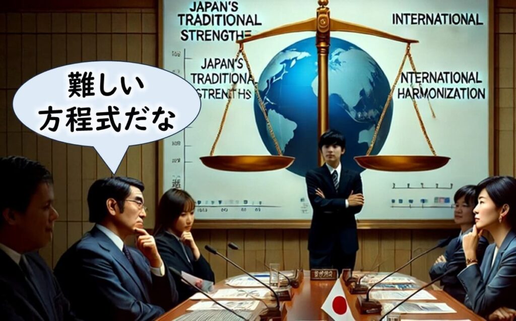 日本の伝統的な食品安全管理と国際基準の調和を議論する会議。バランスの難しさを示唆。