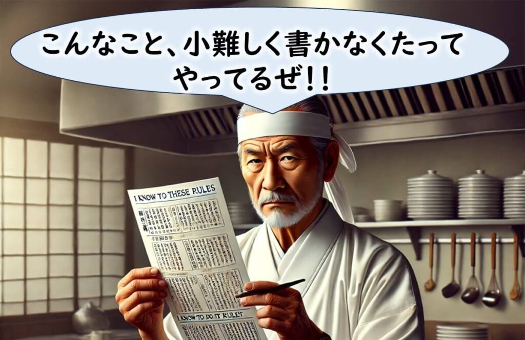 日本の寿司職人が「難しく書かなくてもやってるぜ!」と語る様子。現場での衛生管理が自主的に行われていることを示唆。