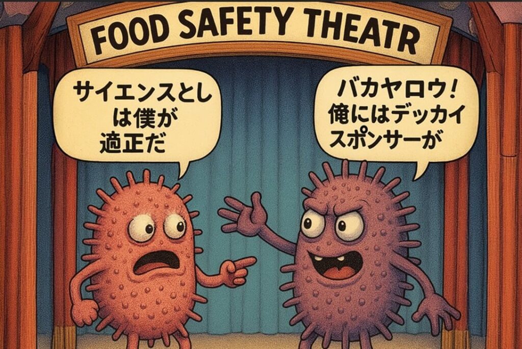 科学的妥当性とスポンサーの力を巡って対立する2つの菌のキャラクターによる米国制度を比喩した演出型イラスト