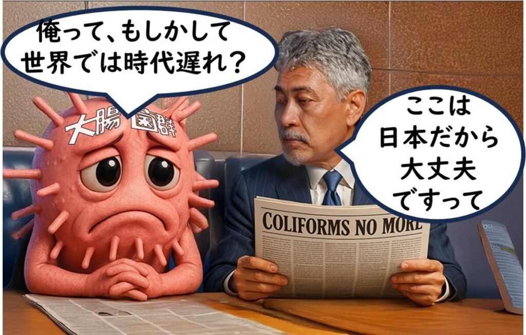新聞の「COLIFORMS NO MORE」という見出しを見ながら、「俺って時代遅れ?」と不安げな表情を浮かべる大腸菌群キャラクター。隣の男性は「ここは日本だから大丈夫です」と慰めている。