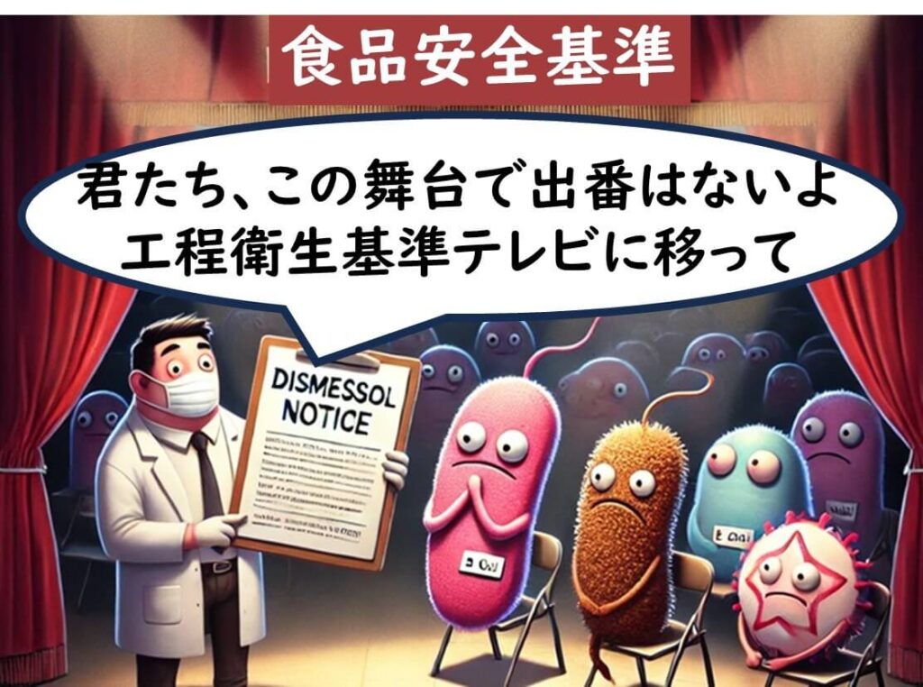 「食品安全基準」の舞台から、大腸菌や他の指標菌たちが降板を命じられ、工程衛生基準へ移動するように指示されている場面。