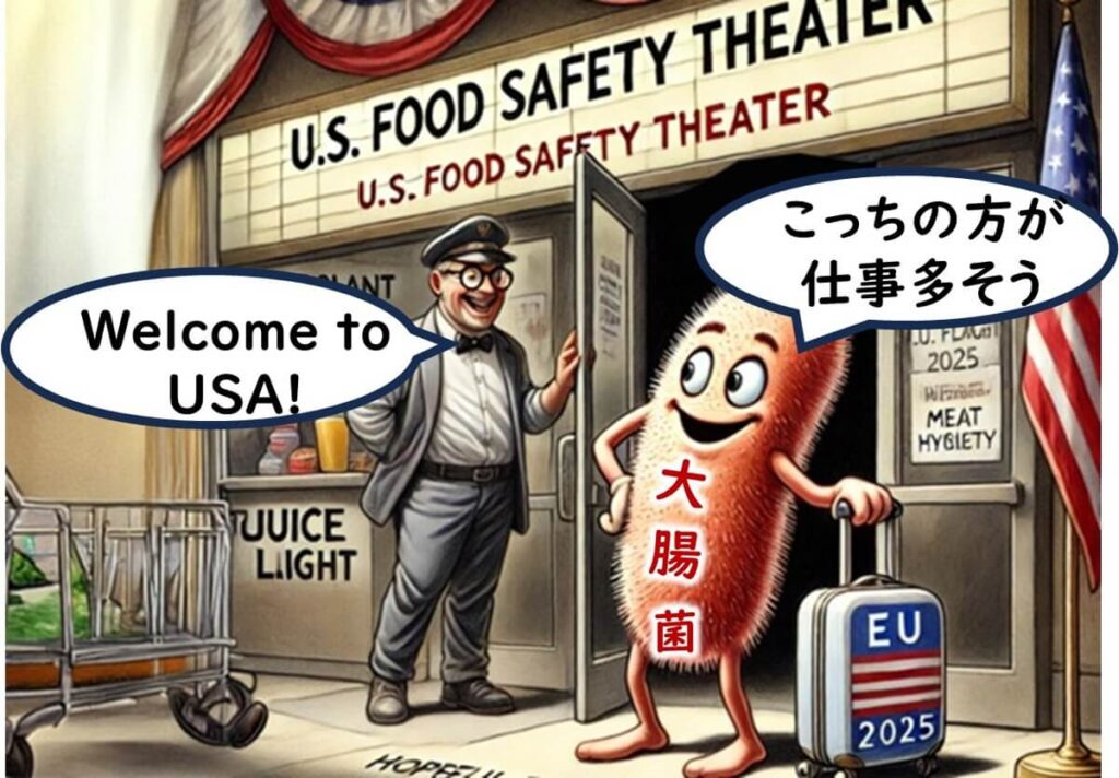 EUから米国の食品安全システムへ移動する大腸菌を表現したイラスト