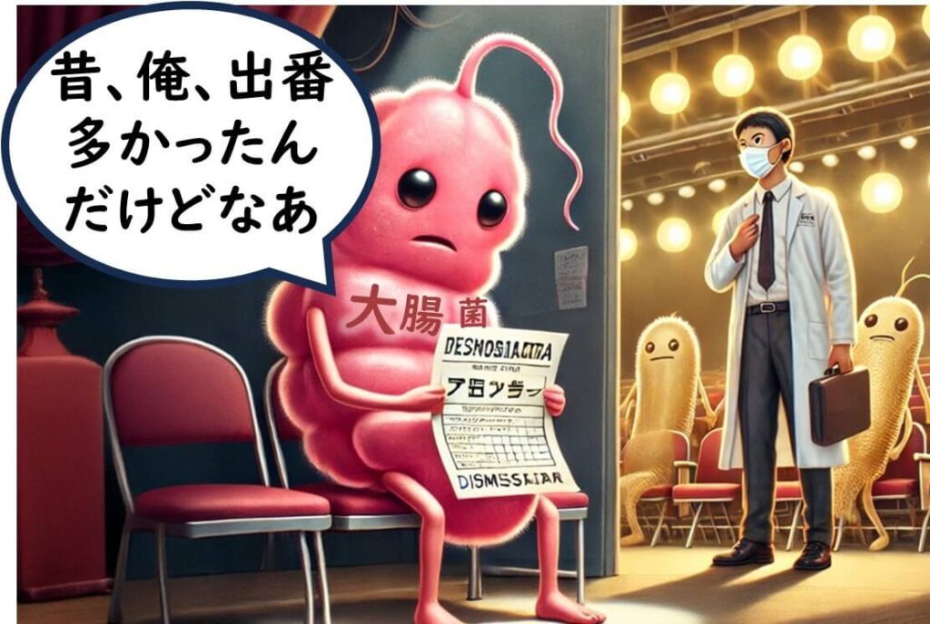かつて頻繁に使われていた大腸菌が、舞台裏で「降板通知」を持ちながら寂しげに座っている様子。EUの制度変更による役割縮小を象徴。