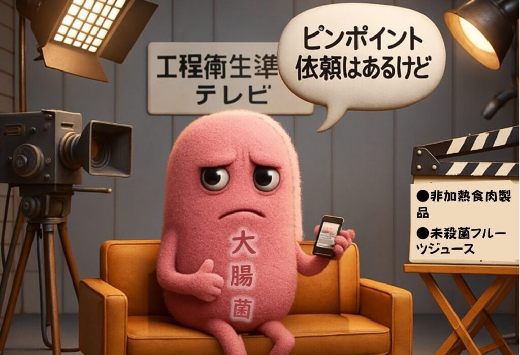 「工程衛生基準テレビ」のセットで、大腸菌が脇役としてピンポイント出演にとどまっている状況。非加熱食肉や未殺菌ジュースなどへの限定的な出番を表現。