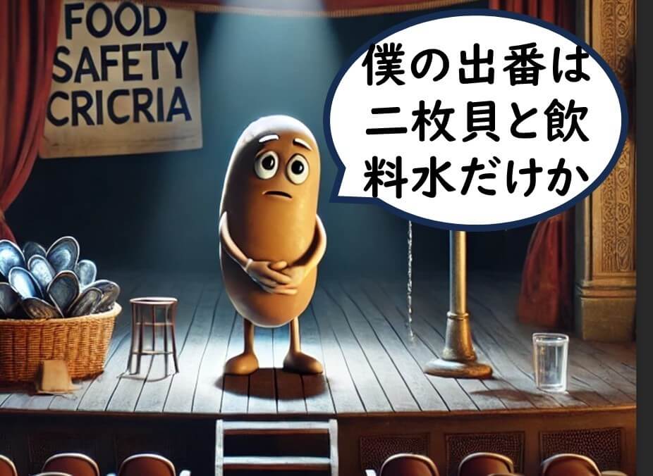 「食品安全基準」の舞台で、大腸菌が二枚貝や飲料水のみに出番があることに寂しさを感じている様子。食品安全分野での最後の役割を象徴。