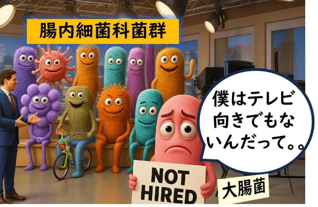 腸内細菌科菌群が衛生基準の主役として選ばれ、大腸菌が「NOT HIRED」とされた対比的な場面。工程衛生モニタリングの適性に基づく配役を示す。