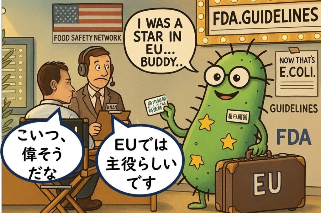EUでは主役だった腸内細菌科菌群が米国では準レギュラーとして紹介される様子を描いたイラスト