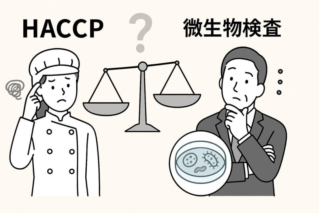 HACCPによる工程管理と微生物検査のどちらに重きを置くべきかを迷っている食品従事者と品質管理担当者を描いたイラスト。中央には天秤があり、両者のバランスに疑問が投げかけられている。