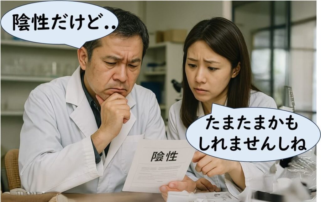 微生物検査の結果が「陰性」であったにもかかわらず、不安げに検査結果を見つめながら「たまたまかもしれない」と懸念を抱く食品検査担当者たち。サンプリング検査の限界と、陰性結果が必ずしも安全を意味しないことへの疑念を描いた写真。