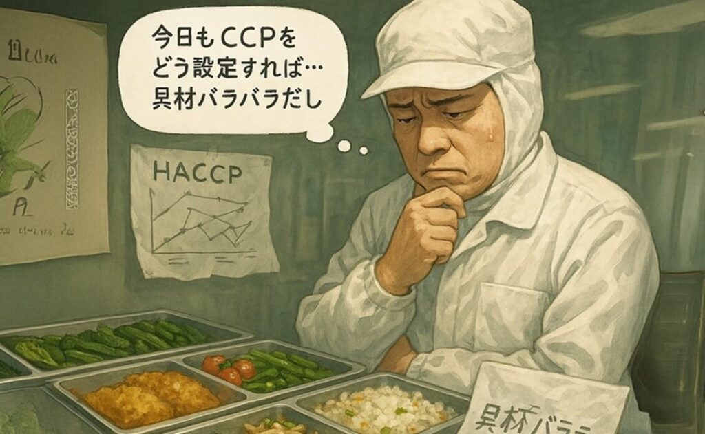日替わりの惣菜や弁当の具材が並ぶ中で、HACCPのCCP(重要管理点)の設定に悩む食品工場の現場責任者の様子を描いたイラスト。食材の種類や構成が毎日異なることで、標準化が難しいという現場の困難を表現している。