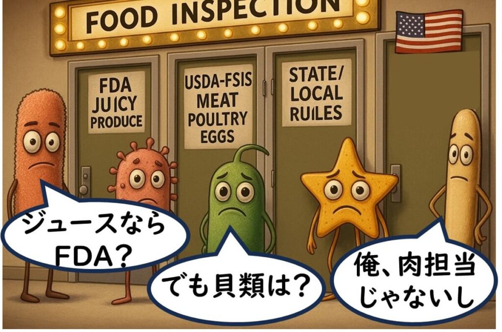 米国の食品安全制度におけるFDA、USDA-FSIS、州・地方規則の分担を表すイラスト