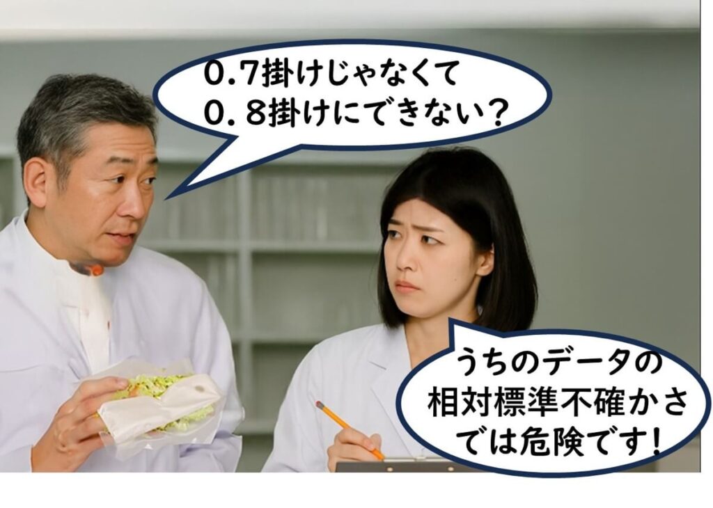 食品企業の上司と品質担当者が消費期限の安全マージン（0.8掛け）を議論している場面