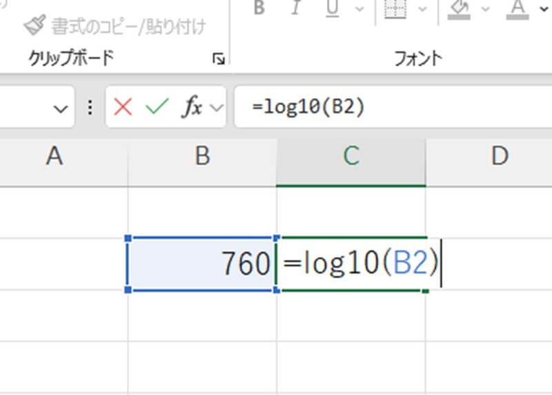 食品検査データの常用対数変換（log10）をエクセルで行う手順を示した画面