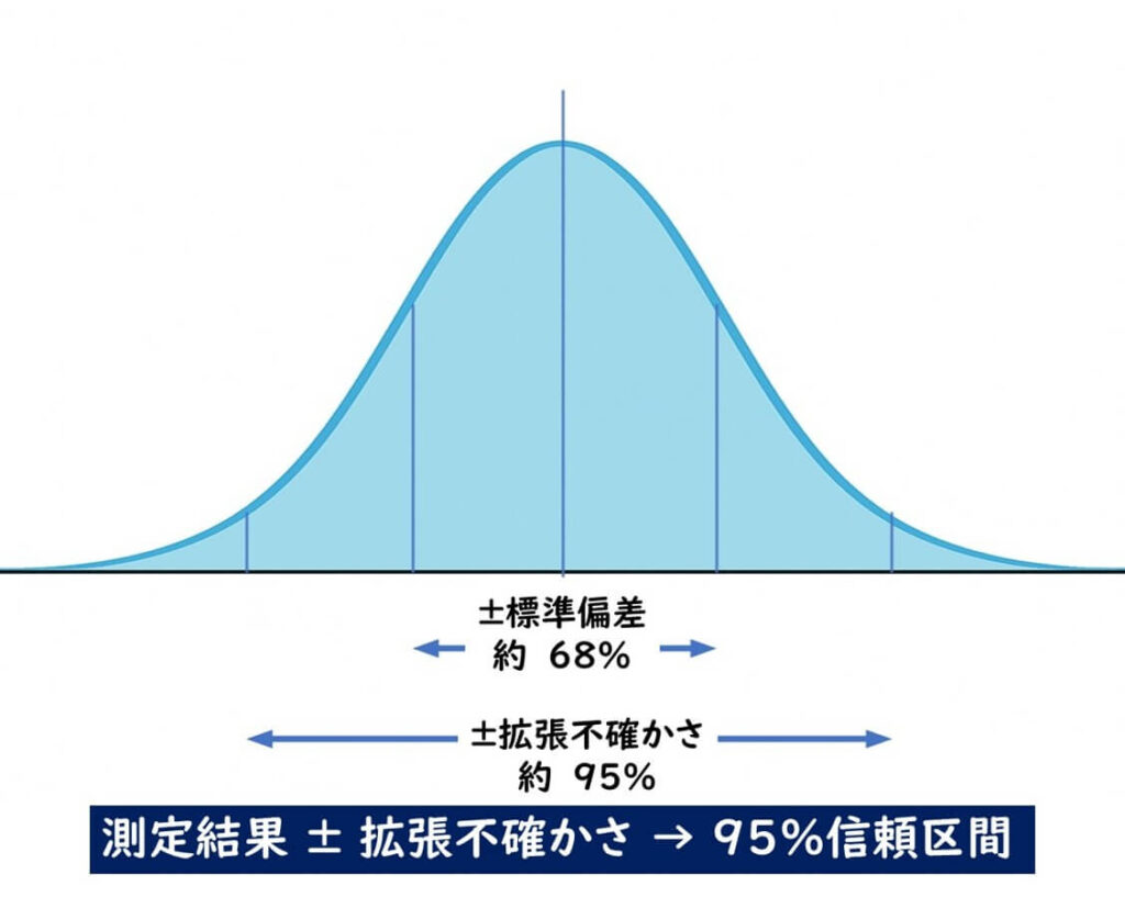 標準偏差と拡張不確かさの範囲を示した正規分布のイラスト