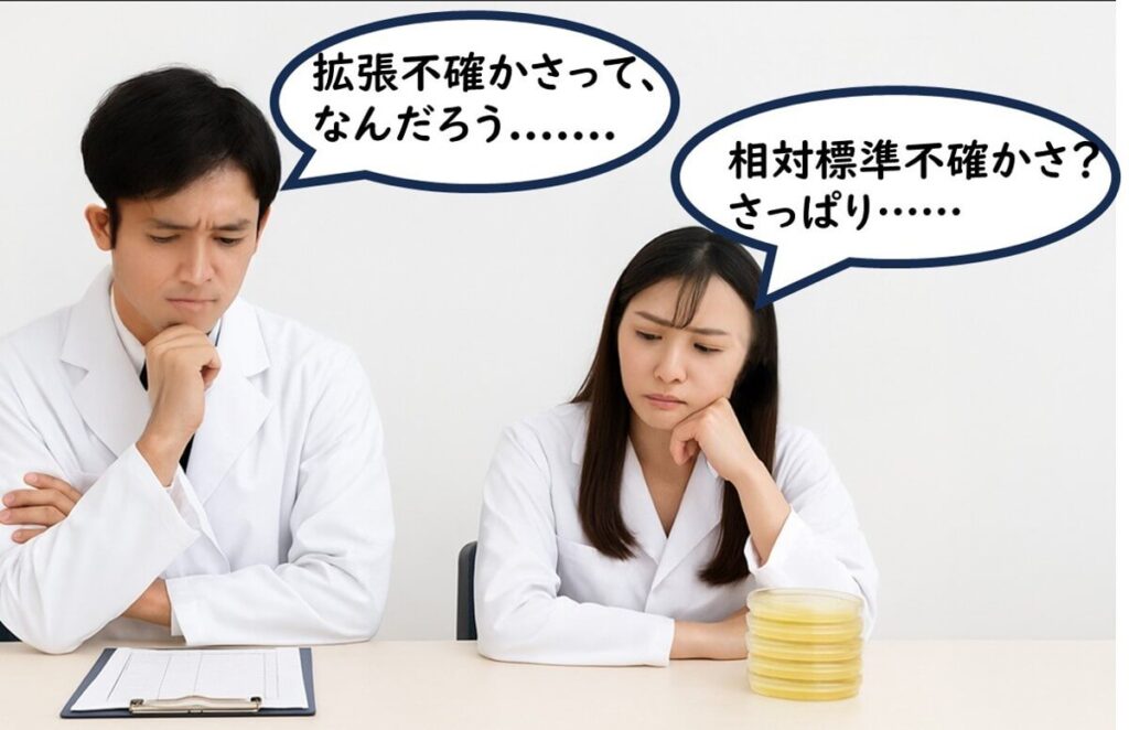 食品検査における拡張不確かさと相対標準不確かさについて考え込む日本人研究員の男女

