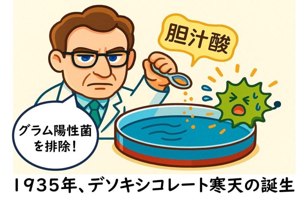 胆汁酸を使ってグラム陽性菌を抑制しようとする1950年代の研究者のイラスト。

