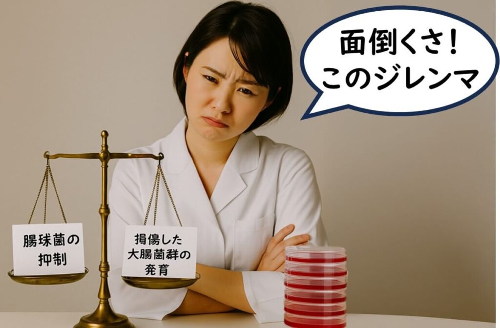  腸球菌の抑制と損傷菌の発育のジレンマに悩む女性と天秤のイラスト。

