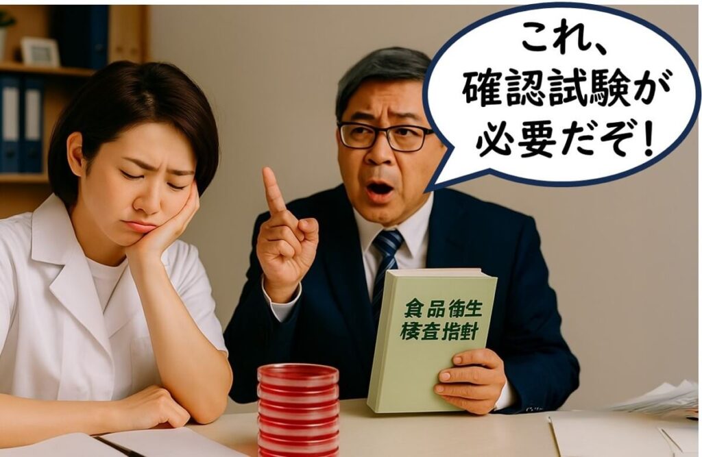 確認試験が必要だぞ！」と指示する上司と困惑する女性品質担当者のイラスト。