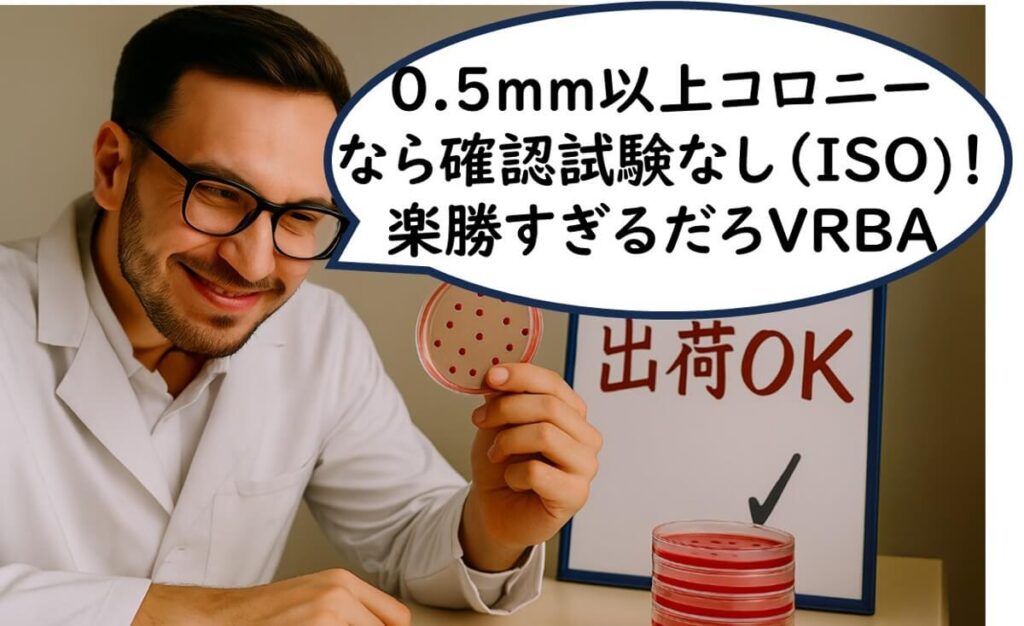 VRBAの赤色コロニーを数えるだけで済み「出荷OK」と喜ぶ男性研究者。