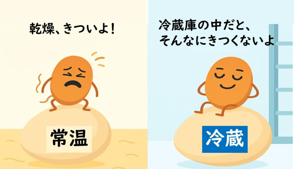 常温環境では乾燥に苦しむサルモネラ、冷蔵庫内ではリラックスするサルモネラを対比したイラスト