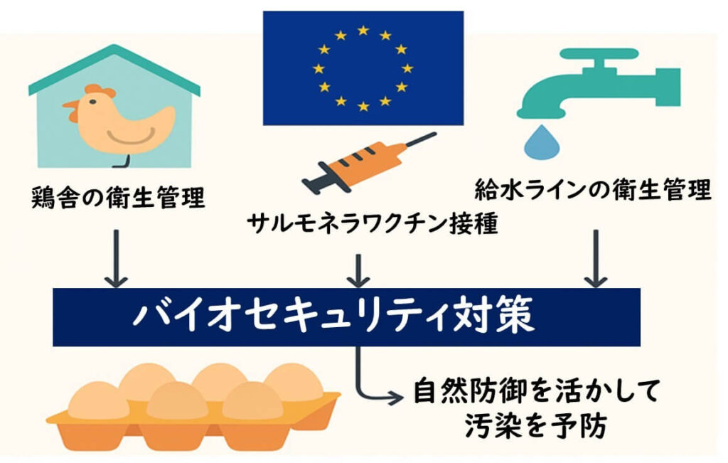 「EUにおける鶏舎管理・ワクチン接種・給水衛生などによるサルモネラ制御のバイオセキュリティ対策図