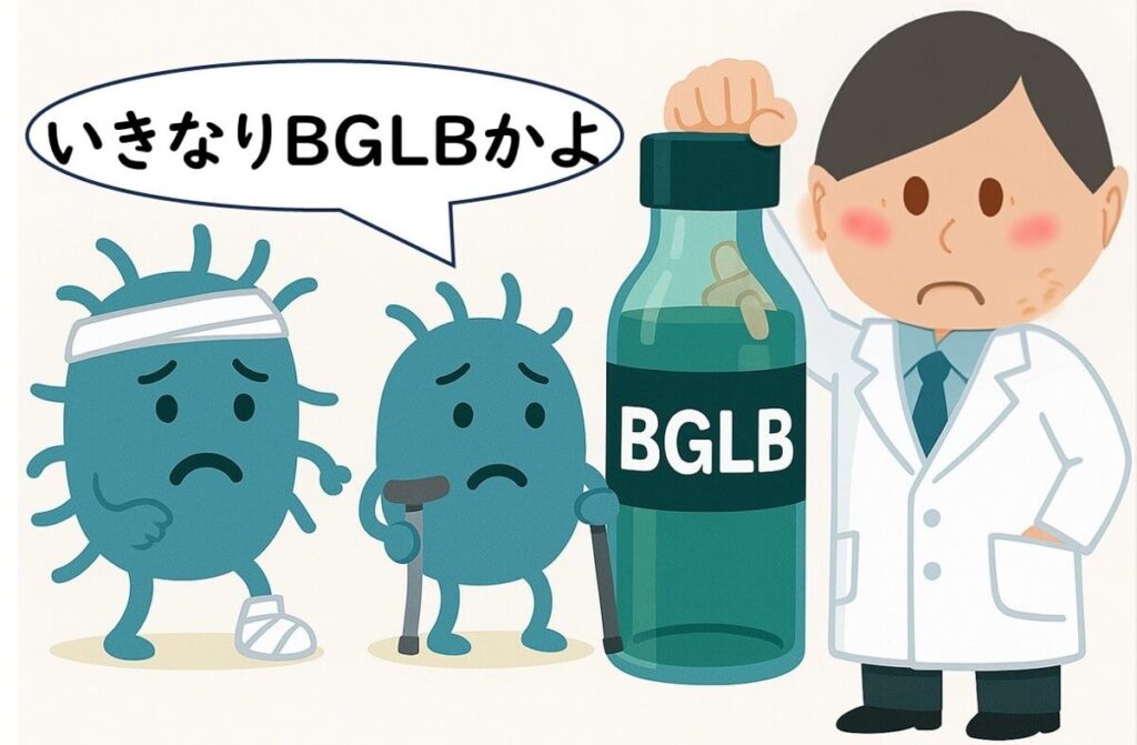  損傷を受けた細菌が、最初からBGLBでの検査に驚いている様子を示すイラスト。

