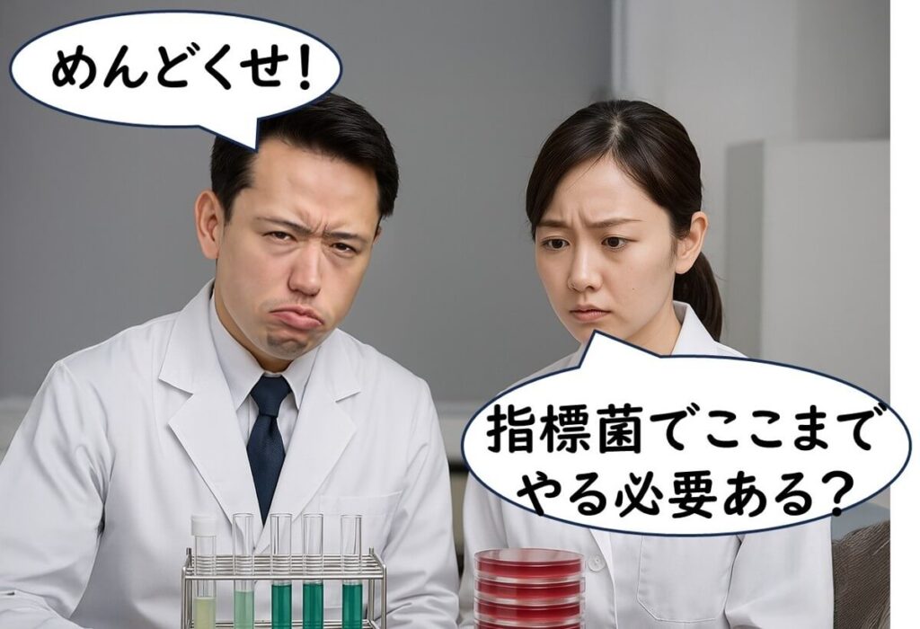 試験管とEMB寒天を前に、指標菌検査の複雑さに疑問を感じて悩む検査担当者の表情。

