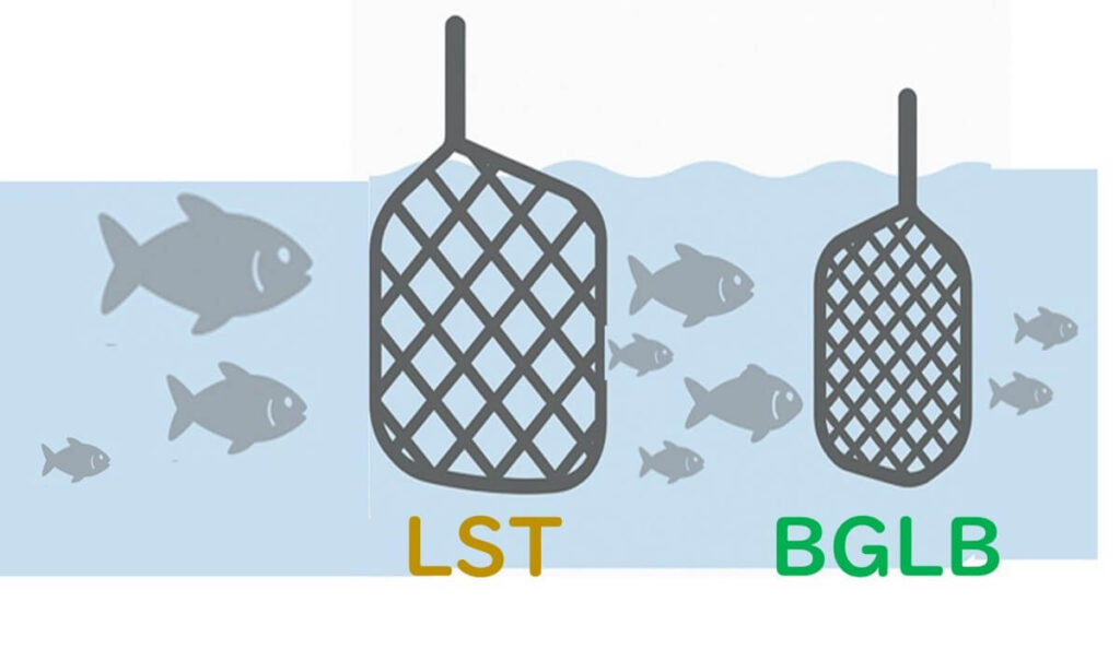 大きな網（LST）と細かい網（BGLB）で魚をふるい分けることで、感度と特異性の役割を比喩的に示した図。