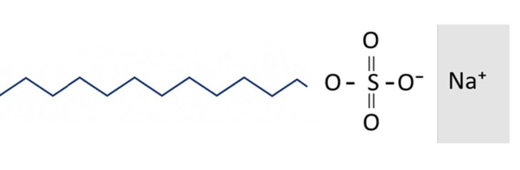 炭素数12のアルキル鎖と硫酸基を持つドデシル硫酸ナトリウム（SDS）の化学構造式。
