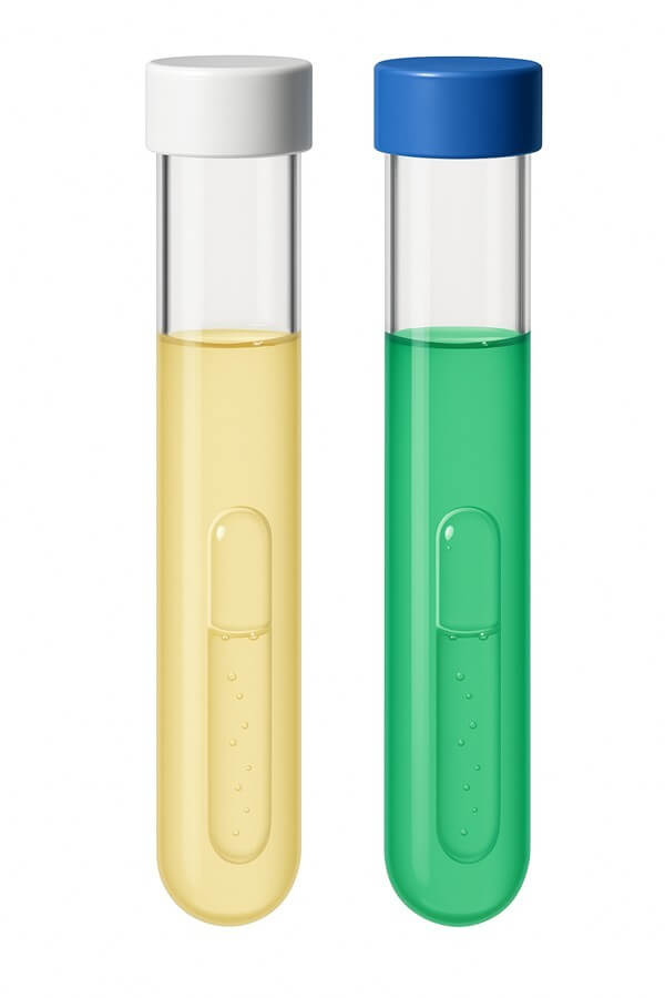 黄色と緑色の試験管に入った培地が並び、ガスの有無で陽性反応を判定するイメージ。