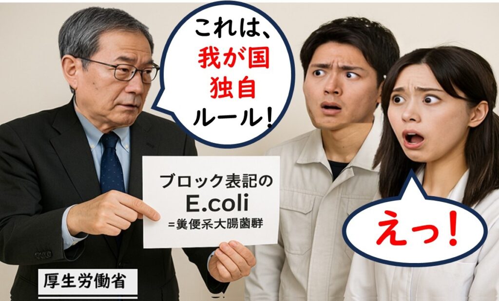ブロック表記のE. coli=糞便系大腸菌群」が日本独自ルールであることを厚労省担当者が強調し、技術者が驚いて「えっ!」と反応しているシーン。