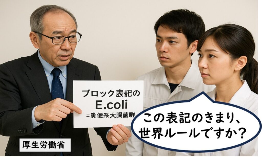 厚生労働省の担当者が「ブロック表記のE. coli=糞便系大腸菌群」と説明し、技術者が「この表記のきまり、世界ルールですか?」と問いかけている場面。