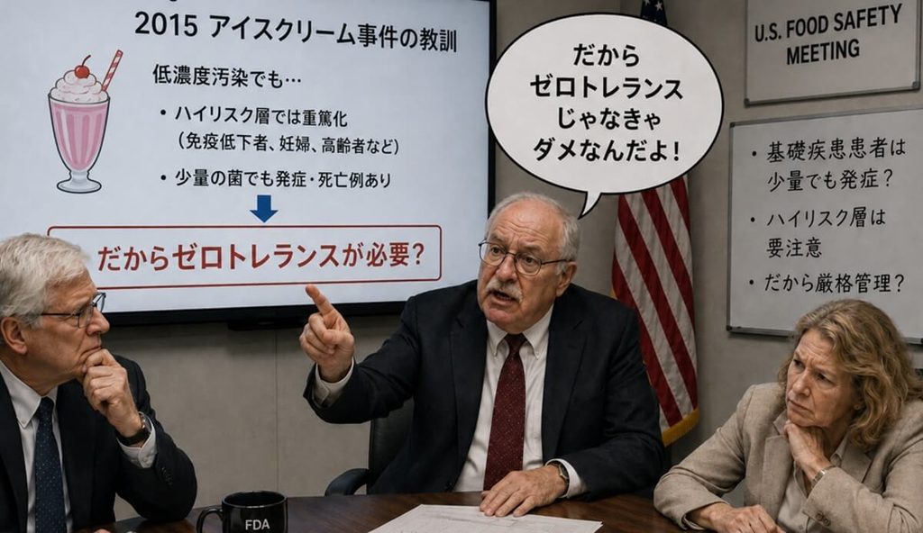 2015年のアイスクリーム事件を根拠に、低濃度汚染でもハイリスク層には危険でありゼロトレランスが必要だとする従来の考え方を示したイメージ